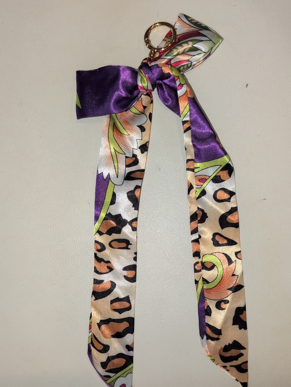 Silk-Feel Purple Leopard Print Ribbon Keychain Scarf Twilly